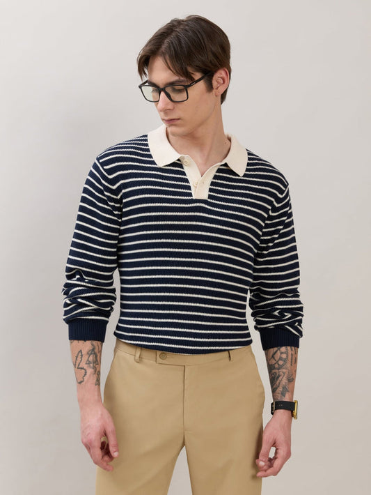 Xosio-2 - Regular Striped Knit Polo Sweater - Navy