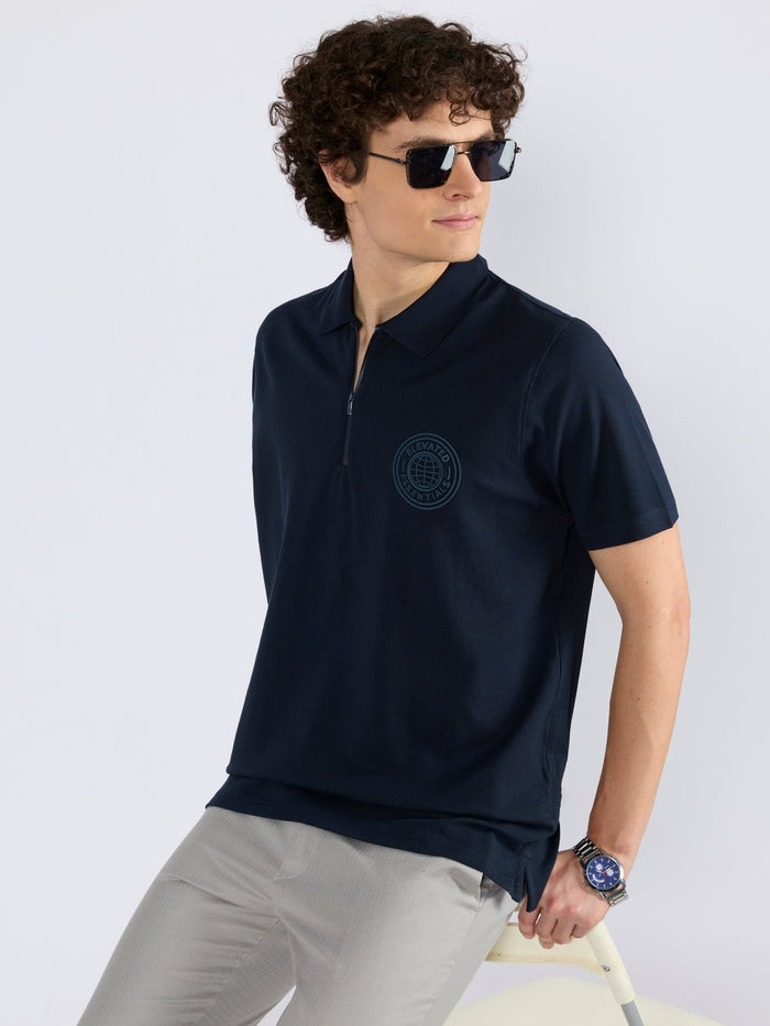 Men's Solid Zipper Polo T-shirt in navy blue