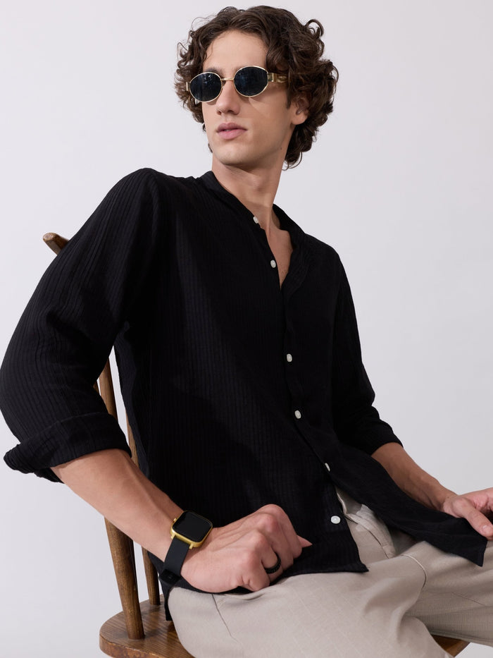 Yometo - Striped Band Neck Shirt - Black