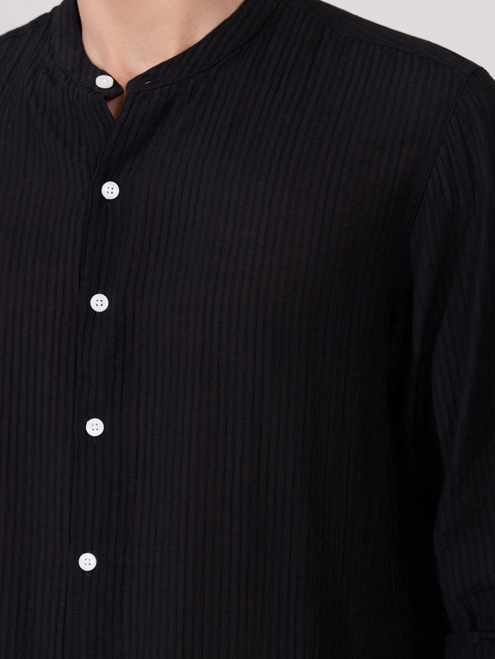 Yometo - Striped Band Neck Shirt - Black