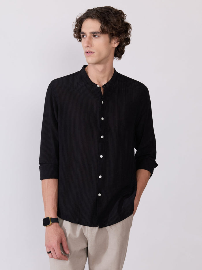 Yometo - Striped Band Neck Shirt - Black