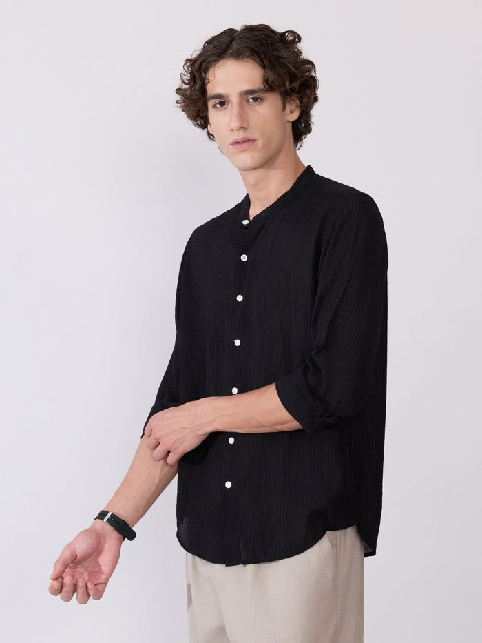 Yometo - Striped Band Neck Shirt - Black