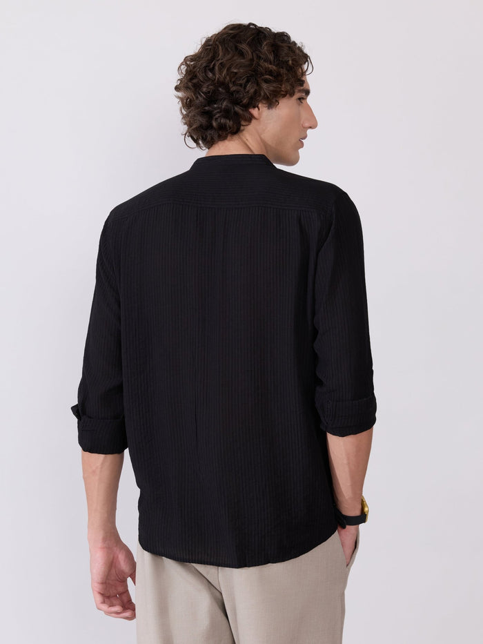 Yometo - Striped Band Neck Shirt - Black