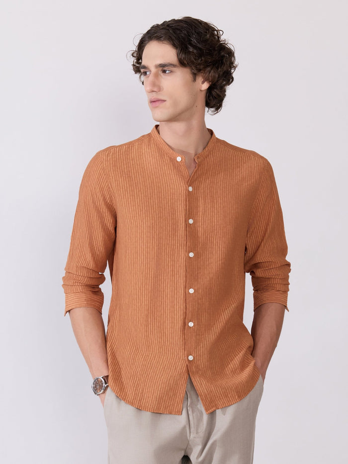Yometo - Striped Band Neck Shirt - Coral Orange