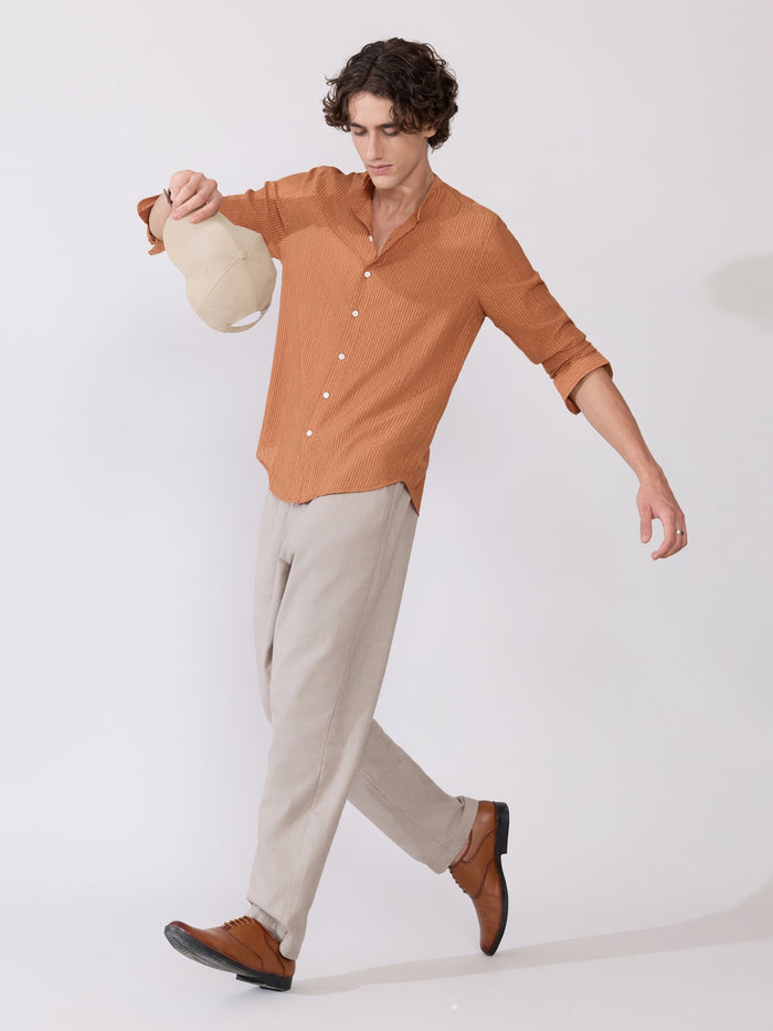 Yometo - Striped Band Neck Shirt - Coral Orange