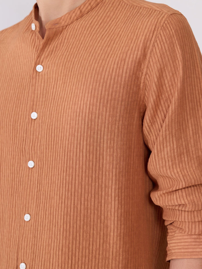 Yometo - Striped Band Neck Shirt - Coral Orange