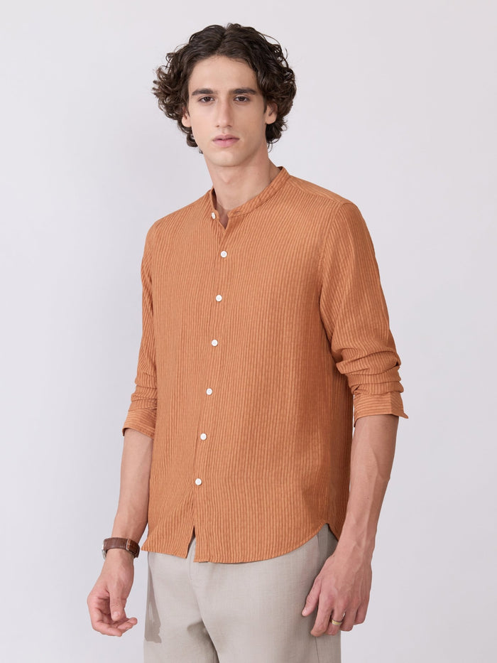 Yometo - Striped Band Neck Shirt - Coral Orange
