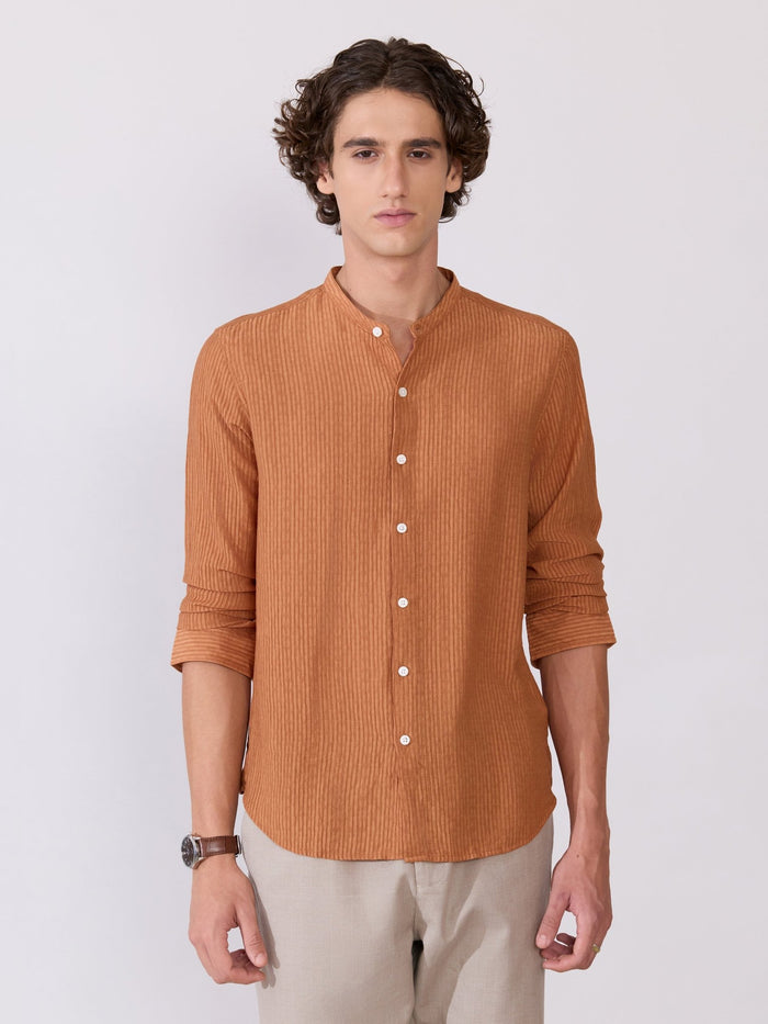 Yometo - Striped Band Neck Shirt - Coral Orange