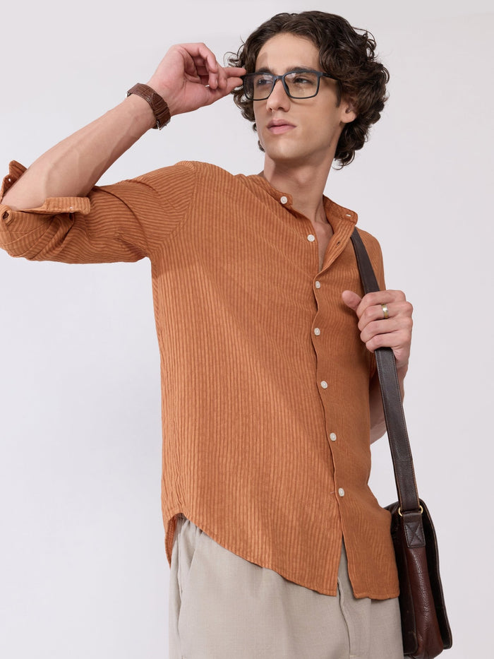 Yometo - Striped Band Neck Shirt - Coral Orange