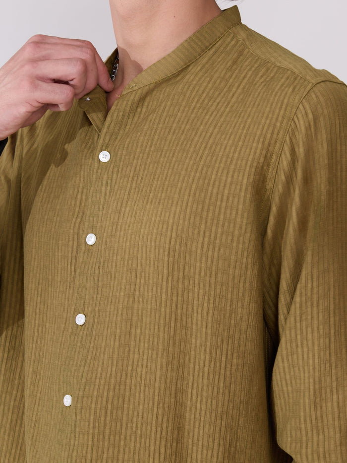 Yometo - Striped Band Neck Shirt - Olive