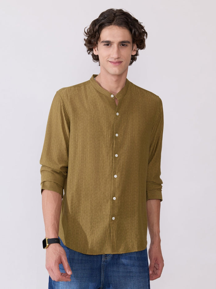 Yometo - Striped Band Neck Shirt - Olive