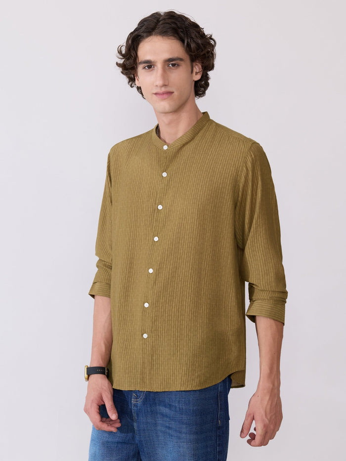 Yometo - Striped Band Neck Shirt - Olive