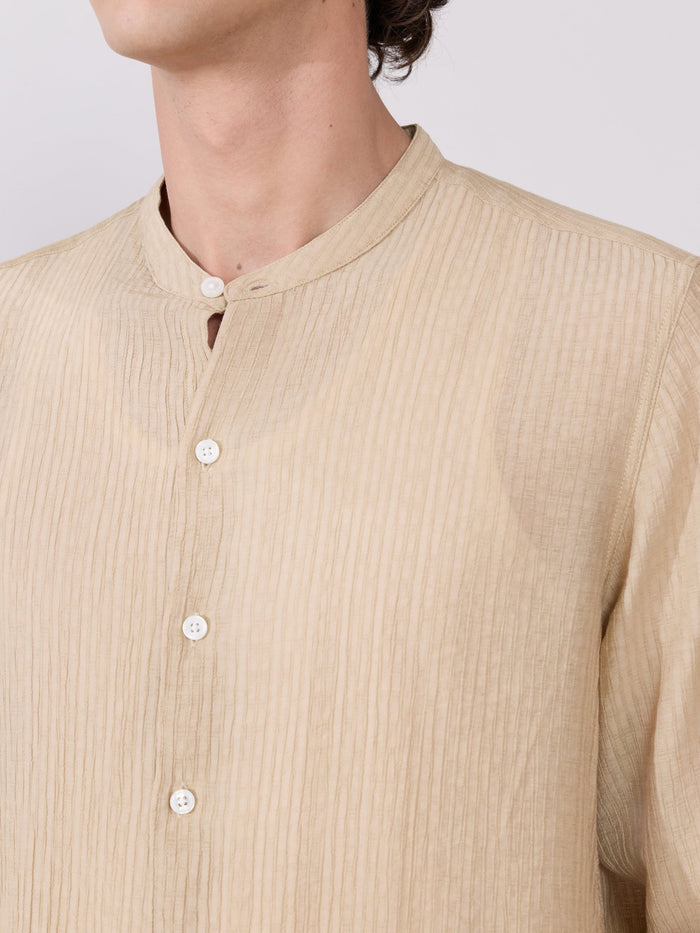 Yometo - Striped Band Neck Shirt - Tan Beige