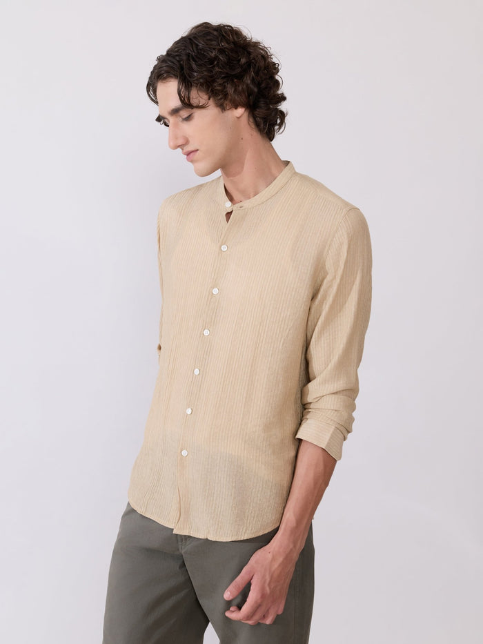 Yometo - Striped Band Neck Shirt - Tan Beige