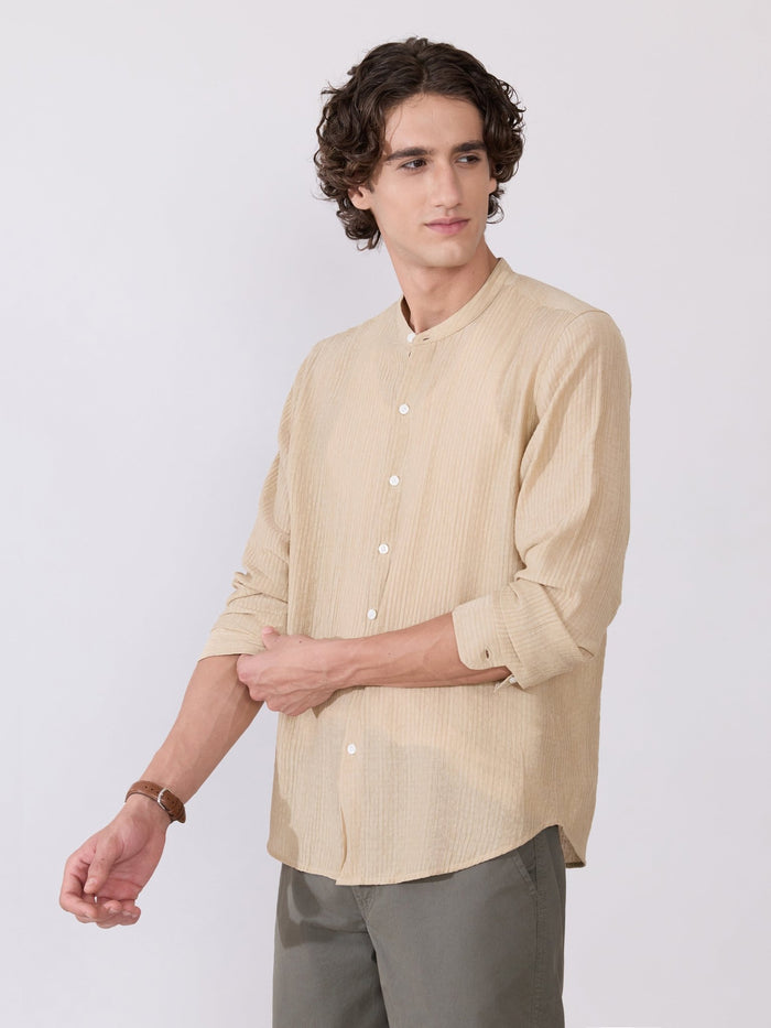 Yometo - Striped Band Neck Shirt - Tan Beige