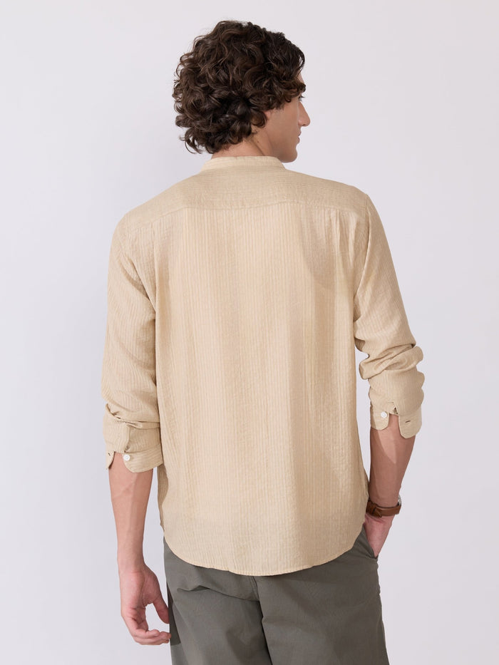 Yometo - Striped Band Neck Shirt - Tan Beige