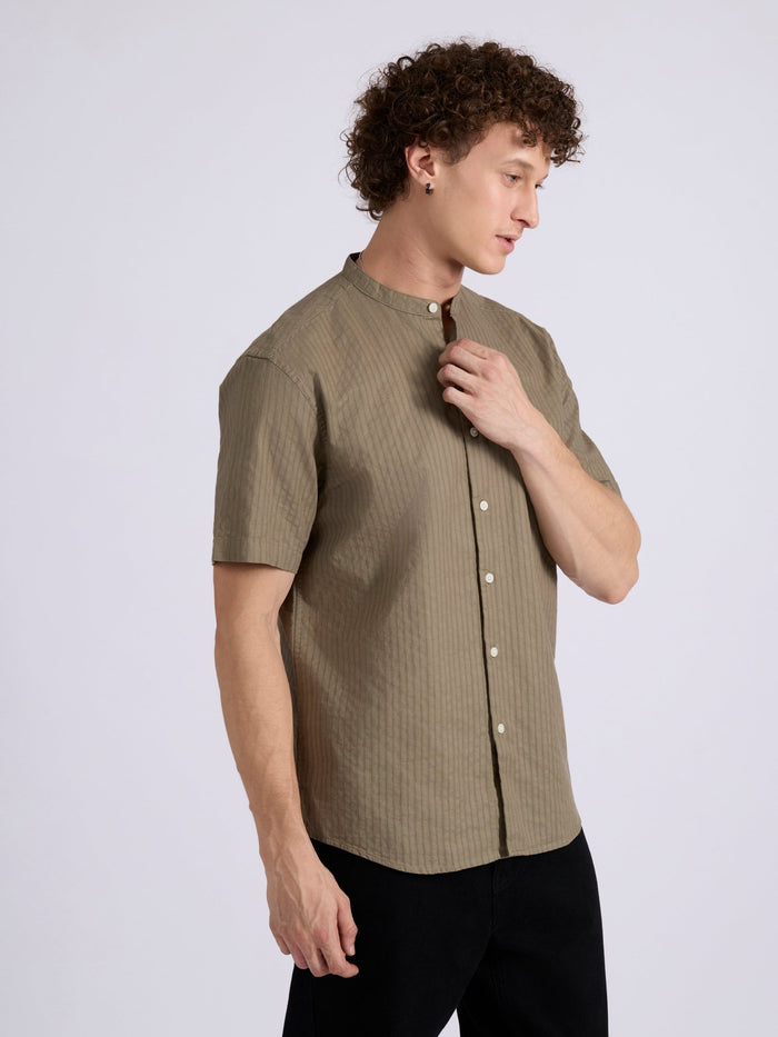 Men's Band Collar Striped Shirt - olive brown