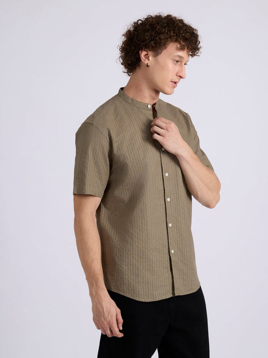 Men's Band Collar Striped Shirt - olive brown