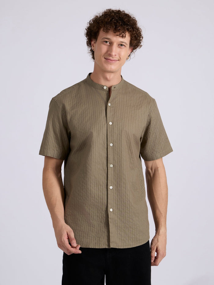Men's Band Collar Striped Shirt - olive brown