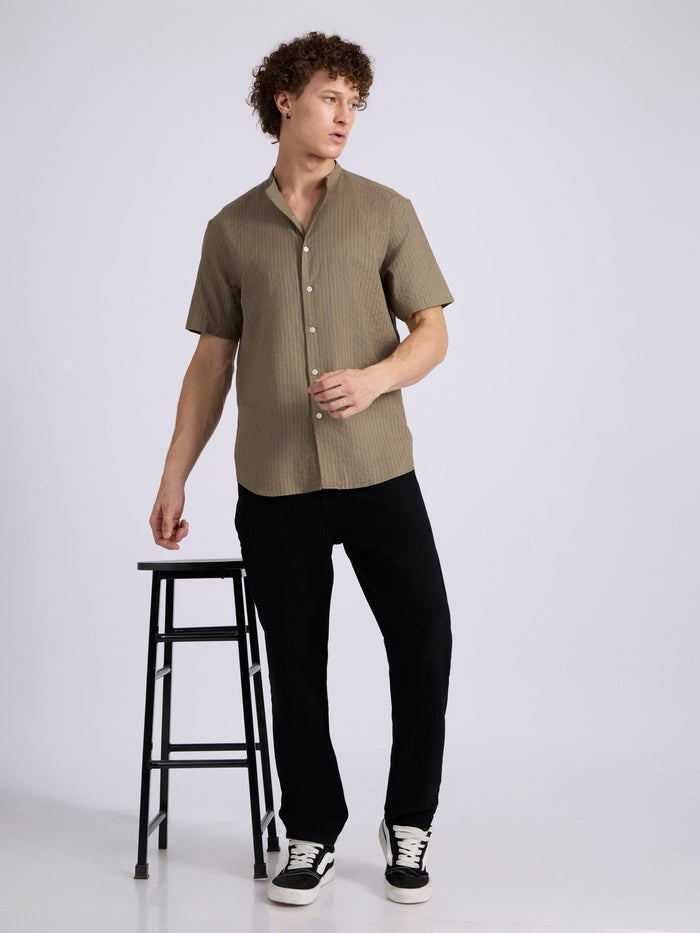 Men's Band Collar Striped Shirt - olive brown