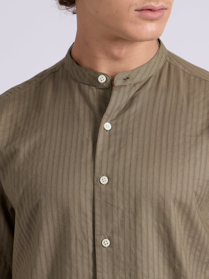 Men's Band Collar Striped Shirt - olive brown