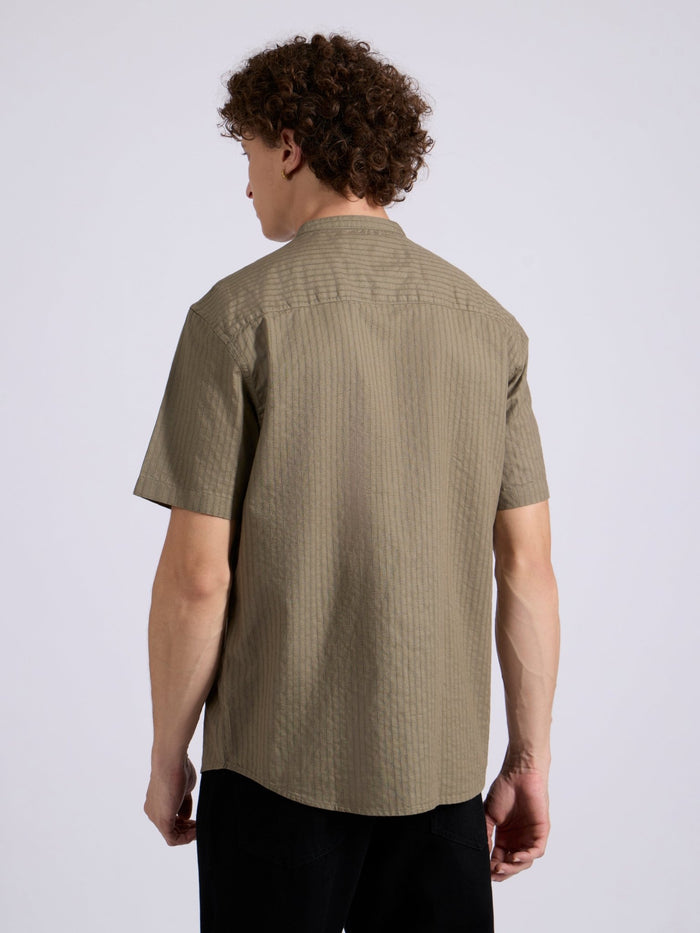 Men's Band Collar Striped Shirt - olive brown