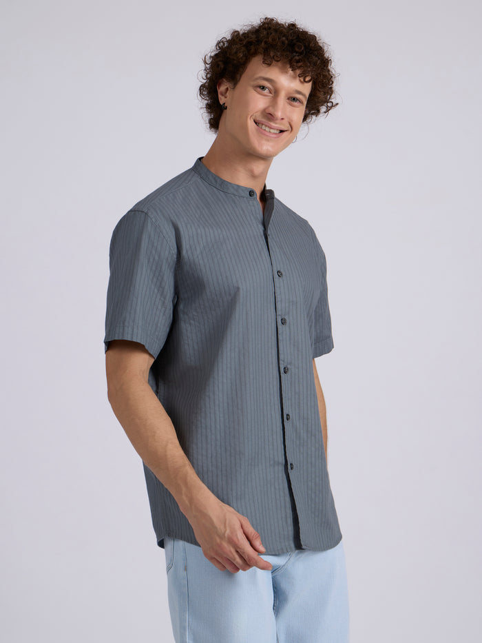 Men's Band Collar Striped Shirt - steel blue
