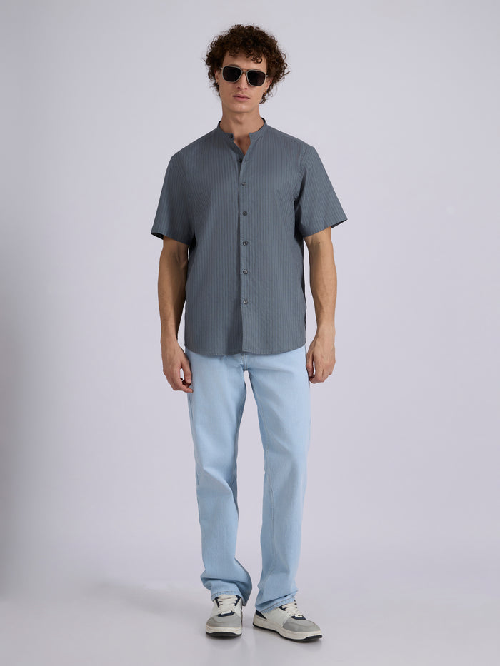 Men's Band Collar Striped Shirt - steel blue