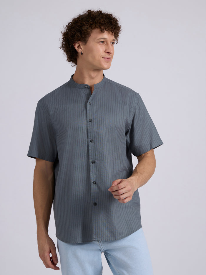 Men's Band Collar Striped Shirt - steel blue