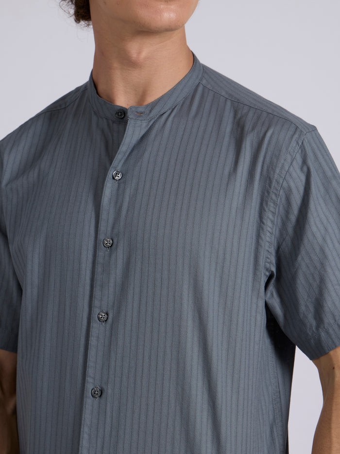 Men's Band Collar Striped Shirt - steel blue