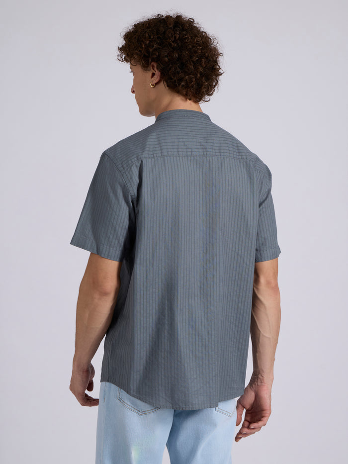 Men's Band Collar Striped Shirt - steel blue