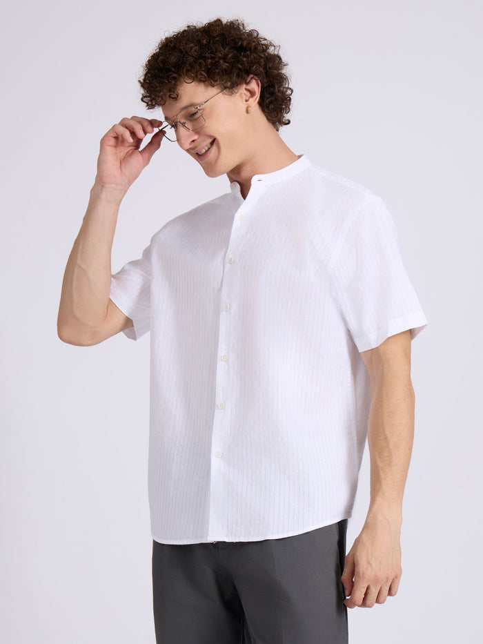 Men's Band Collar Striped Shirt in white