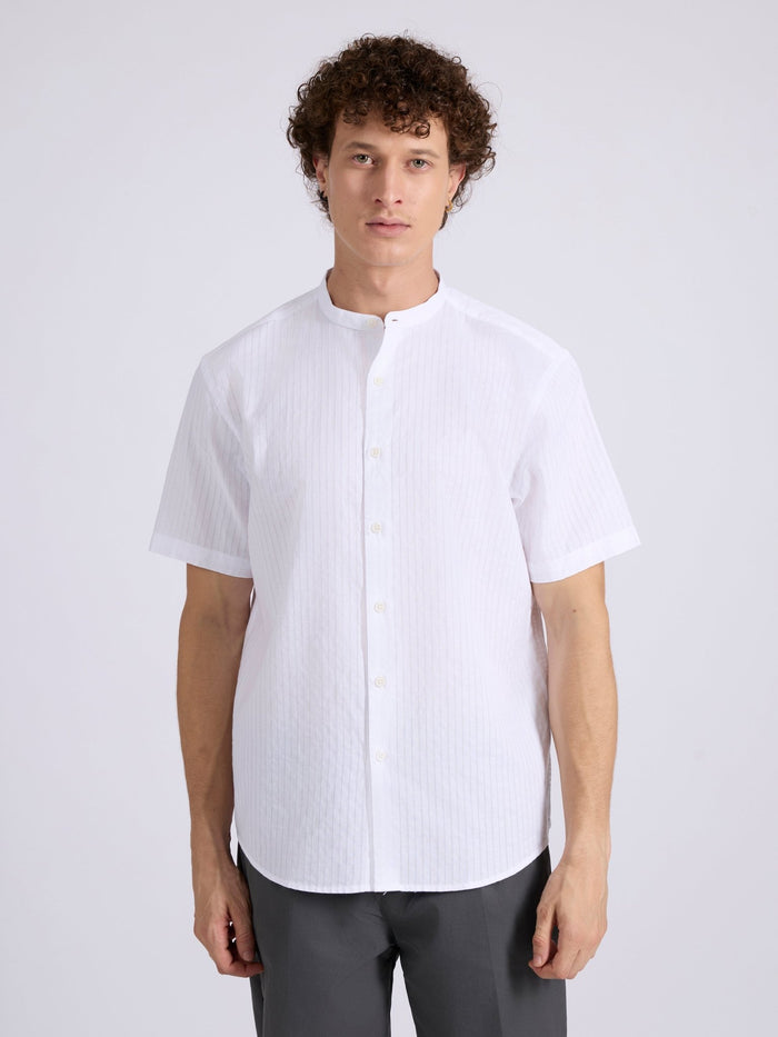 Men's Band Collar Striped Shirt in Black