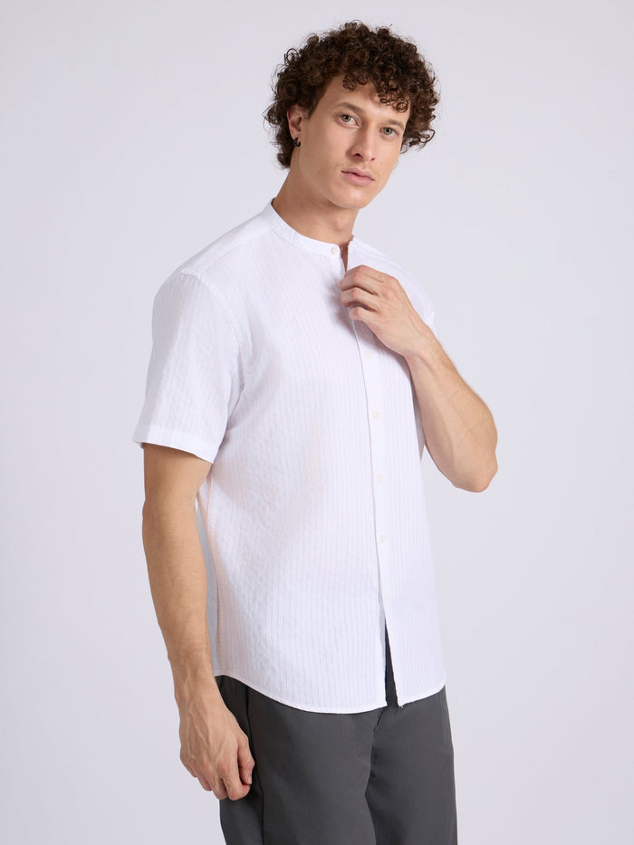 Men's Band Collar Striped Shirt in white