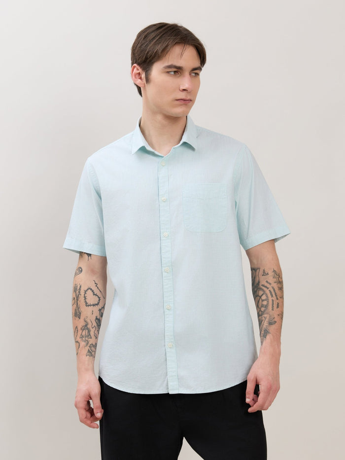 Zenamo - Relaxed Fit Micro Checks Shirt - Mint Blue
