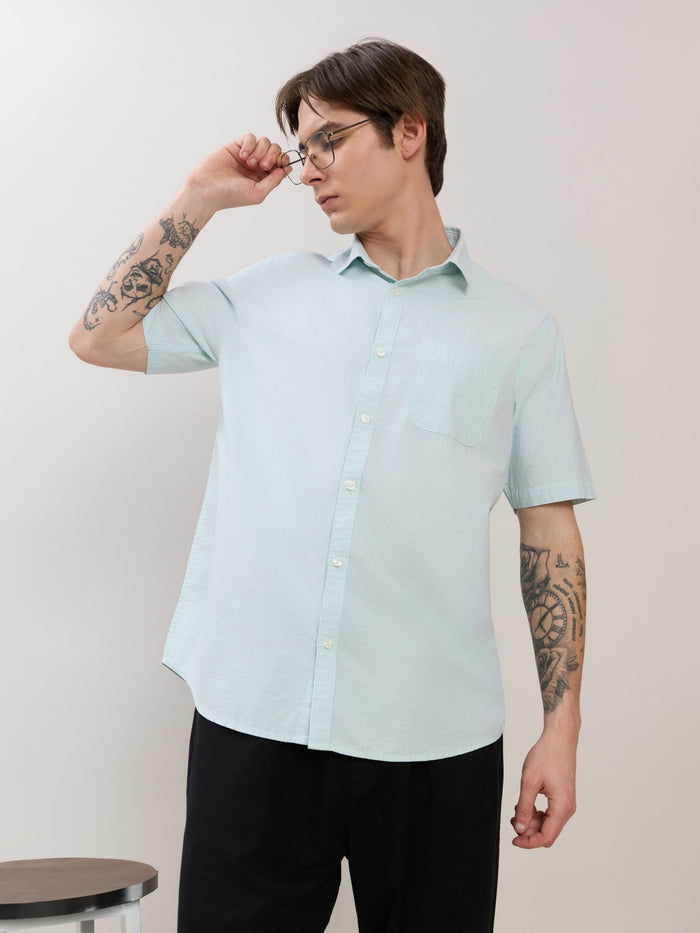 Zenamo - Relaxed Fit Micro Checks Shirt - Mint Blue