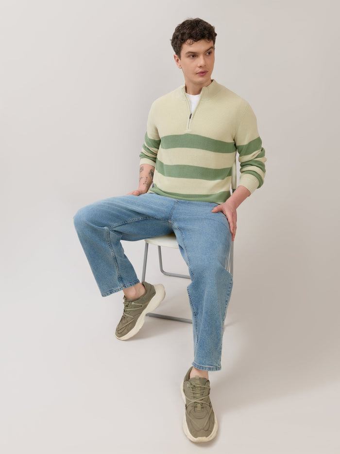 Zoro-1 - Regular Striped Half-Zip Sweater - Green