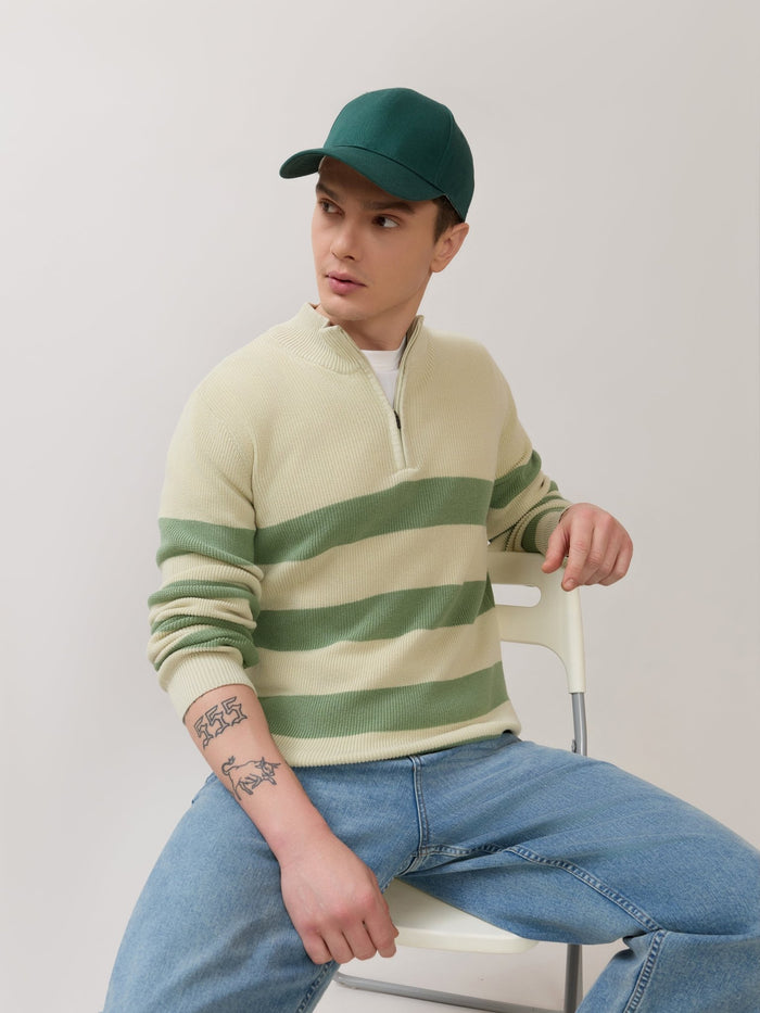 Zoro-1 - Regular Striped Half-Zip Sweater - Green