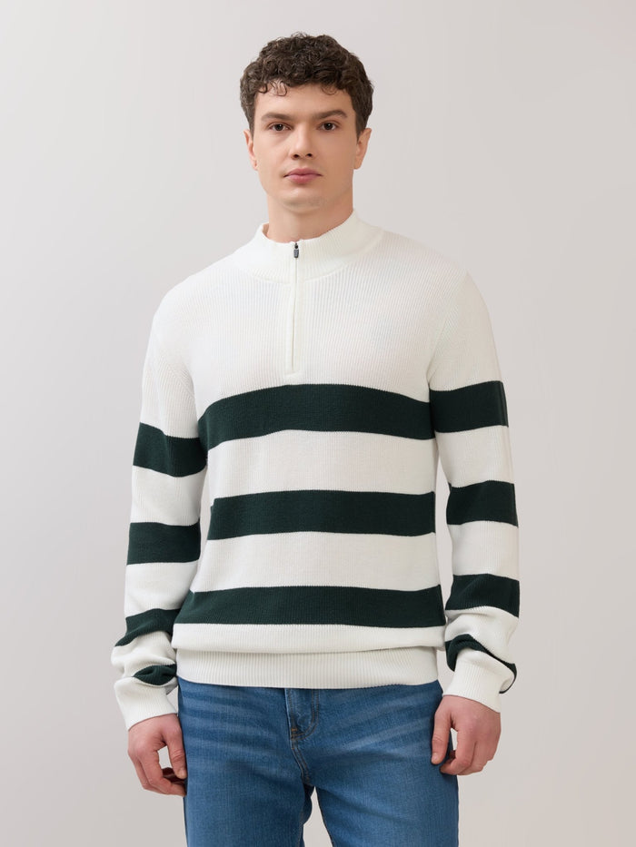 Zoro-1 - Regular Striped Half-Zip Sweater - White
