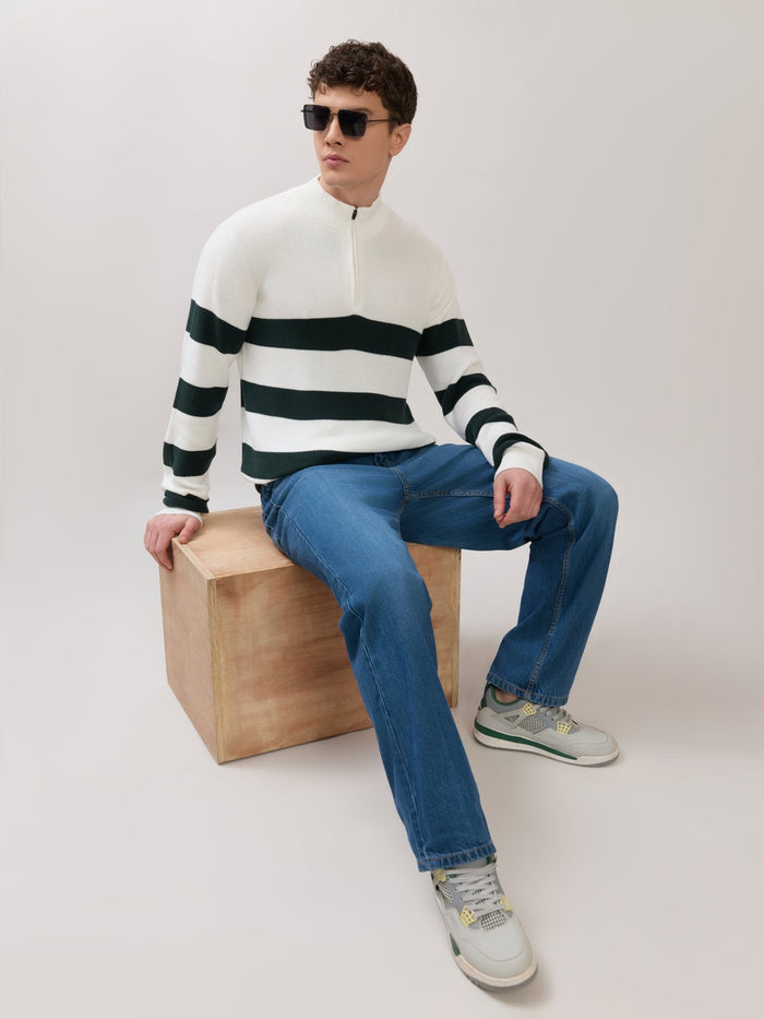 Zoro-1 - Regular Striped Half-Zip Sweater - White