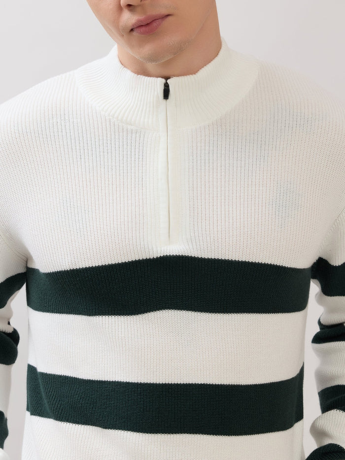 Zoro-1 - Regular Striped Half-Zip Sweater - White