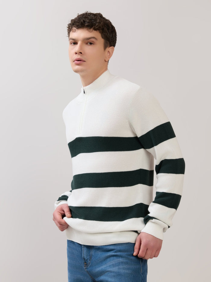 Zoro-1 - Regular Striped Half-Zip Sweater - White