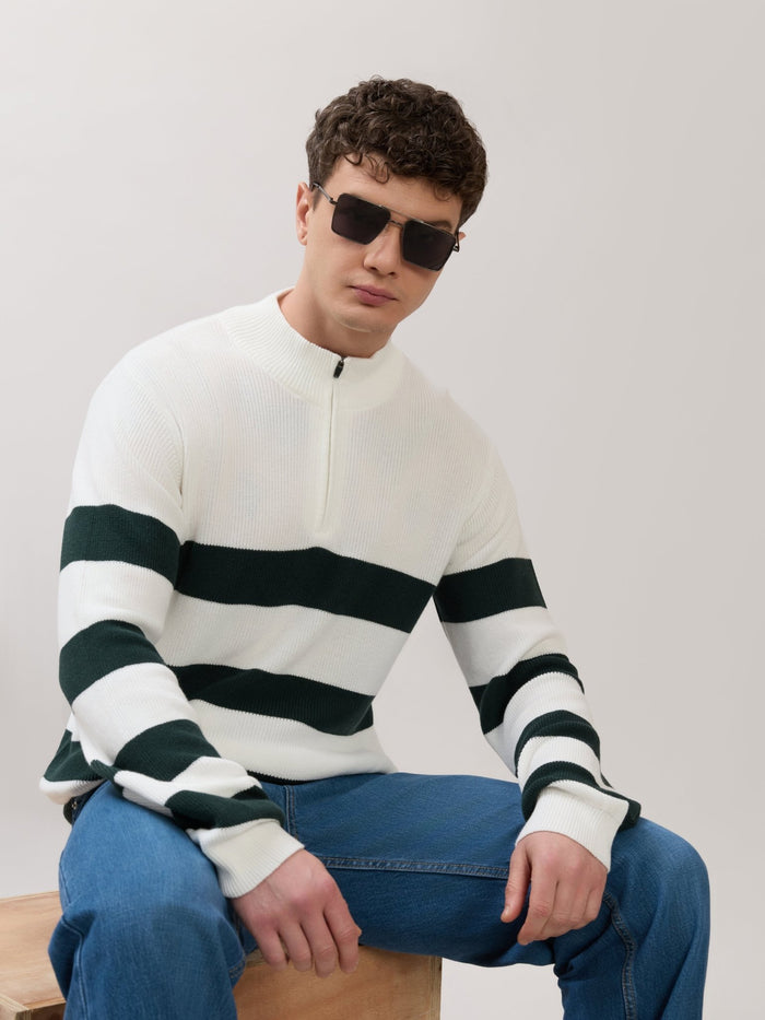 Zoro-1 - Regular Striped Half-Zip Sweater - White