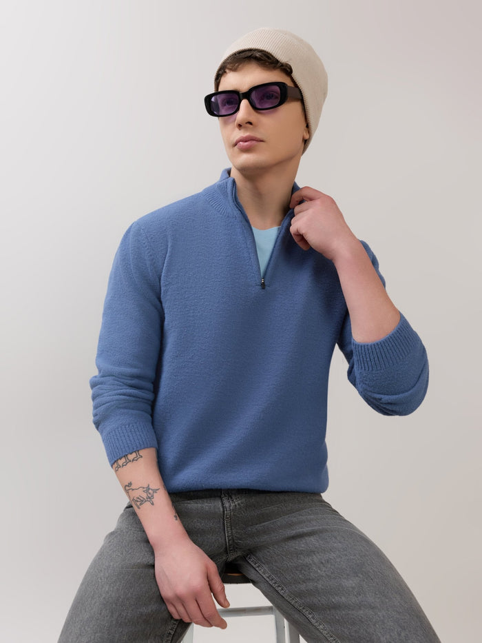 Zoro-2 - Regular Half-Zip High Neck Sweater - Blue
