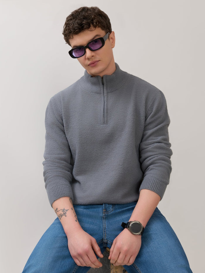 Zoro-2 - Regular Half-Zip High Neck Sweater - Grey