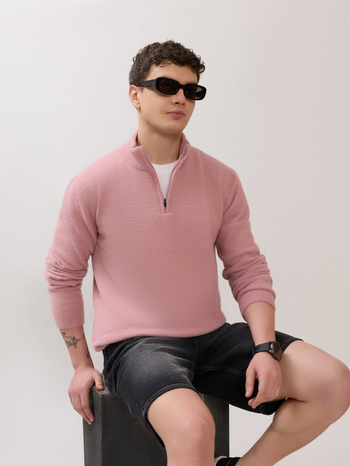 Zoro-2 - Regular Half-Zip High Neck Sweater - Pink