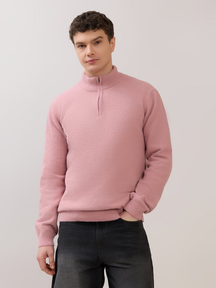 Zoro-2 - Regular Half-Zip High Neck Sweater - Pink