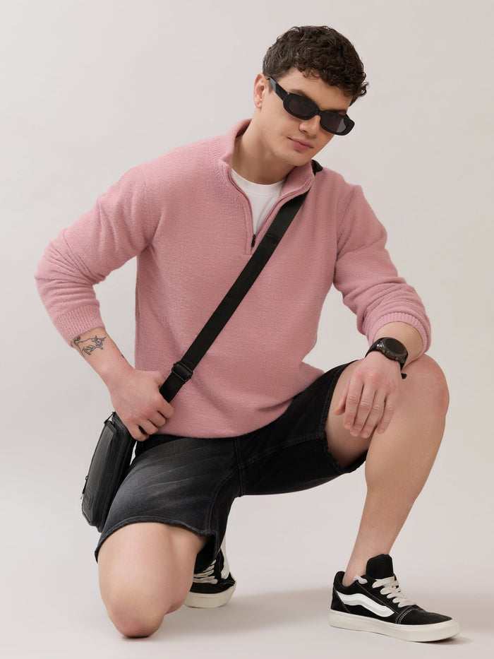 Zoro-2 - Regular Half-Zip High Neck Sweater - Pink